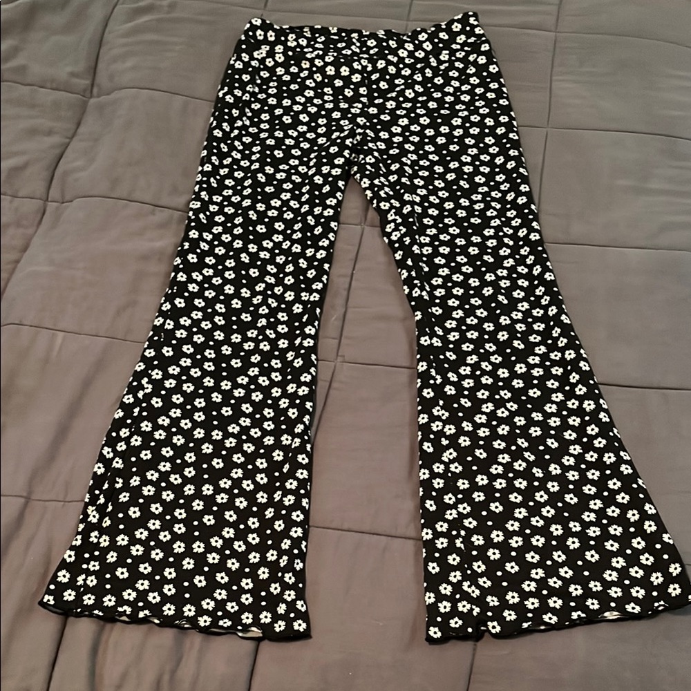 Floral Black and White Flare-Leg Pants